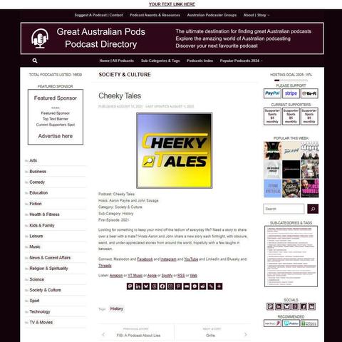 Cheeky Tales
Screenshot of the podcast listing on the Great Australian Pods website