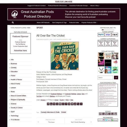 All Over Bar The Cricket
Screenshot of the podcast listing on the Great Australian Pods website