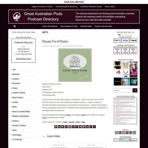 Pause For A Poem
Screenshot of the podcast listing on the Great Australian Pods website