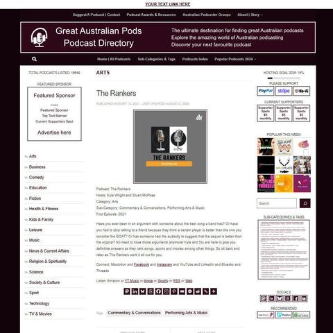 The Rankers
Screenshot of the podcast listing on the Great Australian Pods website
