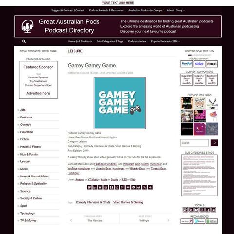 Gamey Gamey Game
Screenshot of the podcast listing on the Great Australian Pods website