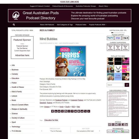 Mind Bubbles: Exploring Children's Big Feelings In A Fun Way 
Screenshot of the podcast listing on the Great Australian Pods website
