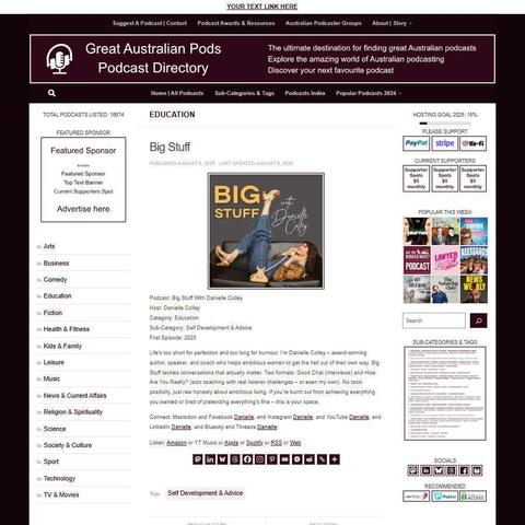 Big Stuff With Danielle Colley
Screenshot of the podcast listing on the Great Australian Pods website