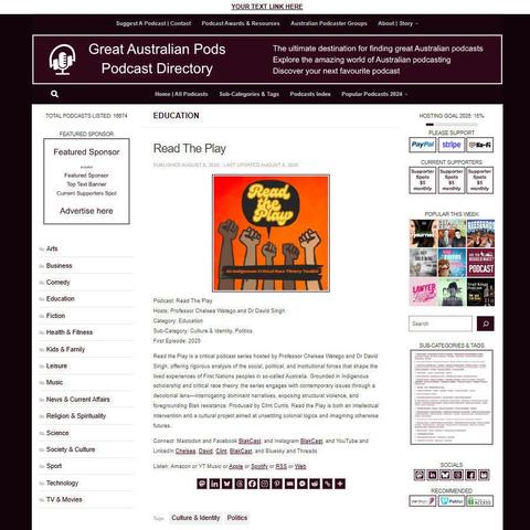 Read The Play
Screenshot of the podcast listing on the Great Australian Pods website