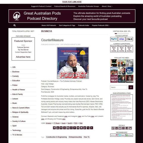 CounterMeasure – The Profitable Estimator Podcast
Screenshot of the podcast listing on the Great Australian Pods website