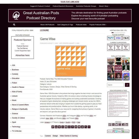 Game Wise: The IGEA Educates Podcast
Screenshot of the podcast listing on the Great Australian Pods website