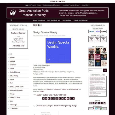 Design Speaks Weekly
Screenshot of the podcast listing on the Great Australian Pods website
