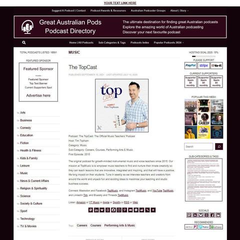 The TopCast: The Official Music Teachers' Podcast
Screenshot of the podcast listing on the Great Australian Pods website