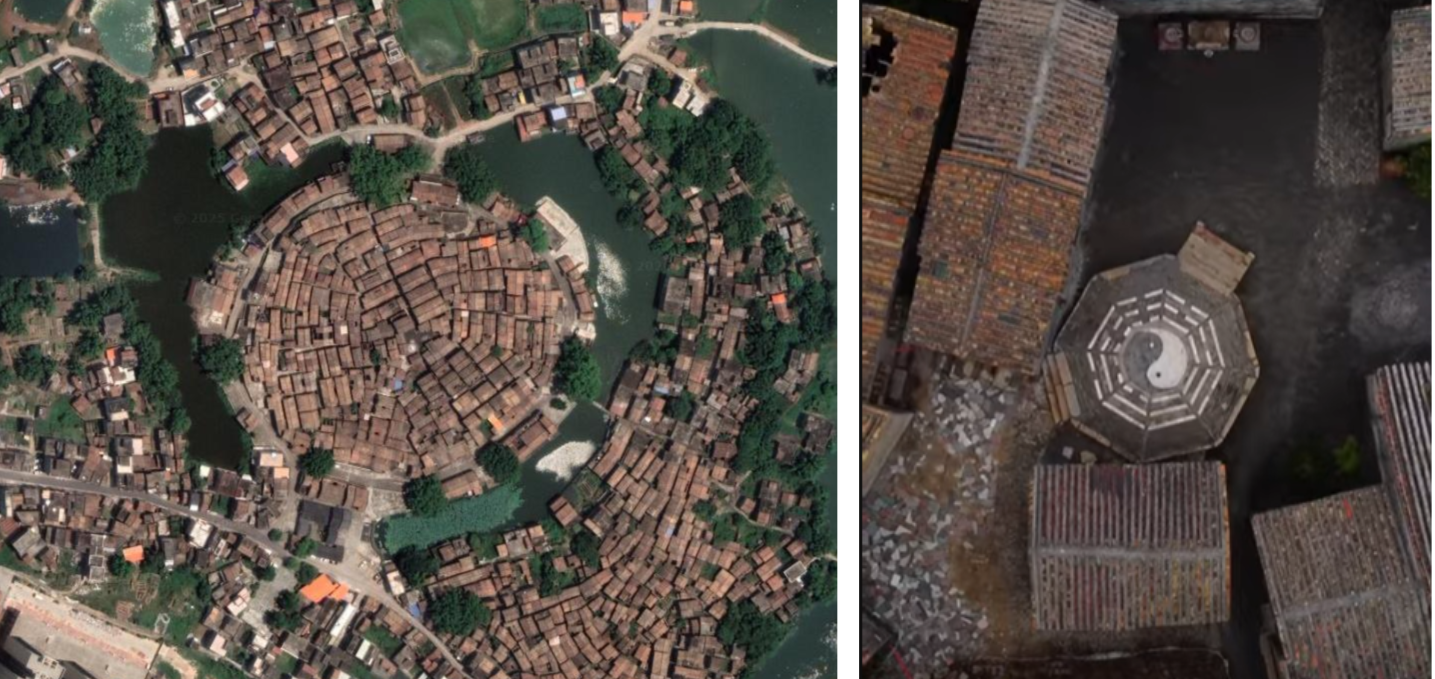 An overhead shot of a chinese village surrounded by water. The roofs are terracotta and concentric, there is a white dot in the centre. A close up of the doth shows a platform with white painted symbols, trigrams and a ying yang symbol.