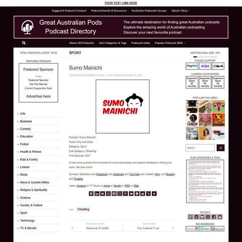 Sumo Mainichi
Screenshot of the podcast listing on the Great Australian Pods website