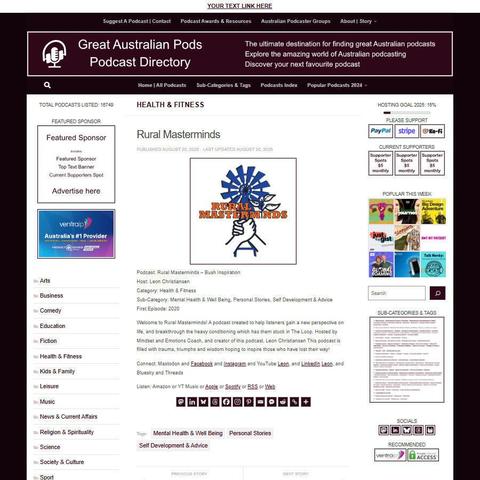 Rural Masterminds - Bush Inspiration
Screenshot of the podcast listing on the Great Australian Pods website