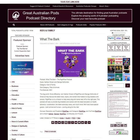 What The Bark - The RightPaw Podcast
Screenshot of the podcast listing on the Great Australian Pods website