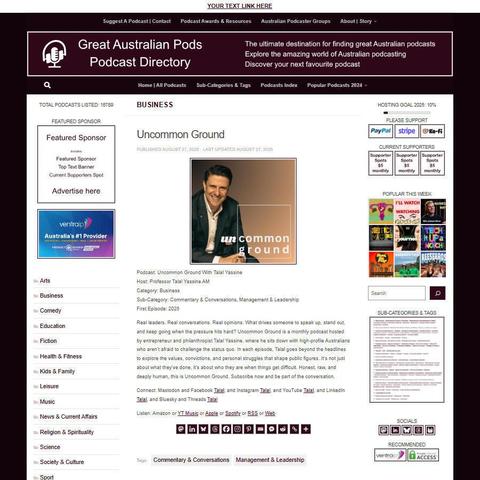 Uncommon Ground With Talal Yassine
Screenshot of the podcast listing on the Great Australian Pods website