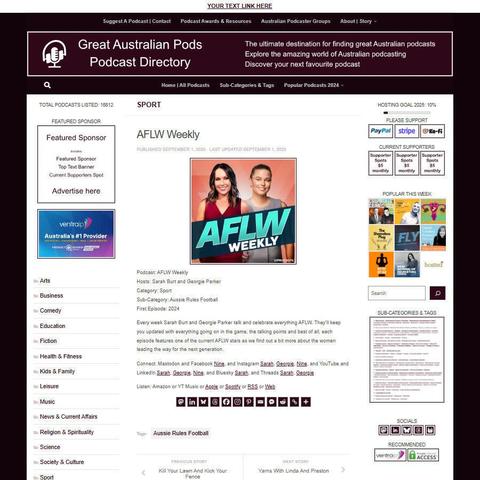 AFLW Weekly
Screenshot of the podcast listing on the Great Australian Pods website