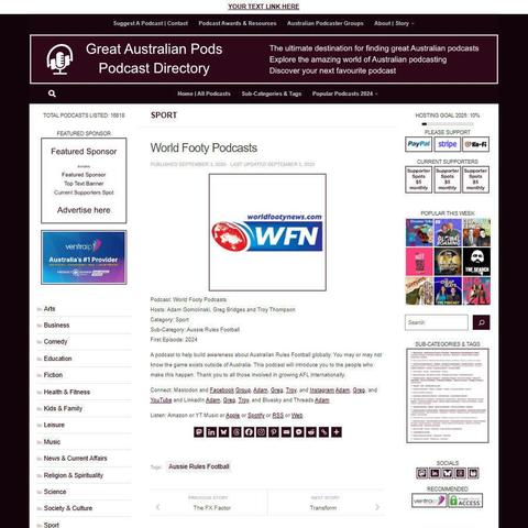 World Footy Podcasts
Screenshot of the podcast listing on the Great Australian Pods website
