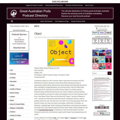 Object: Stories Of Design And Craft 
Screenshot of the podcast listing on the Great Australian Pods website