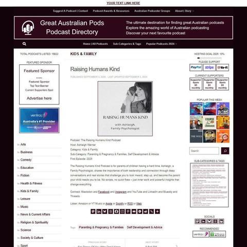 The Raising Humans Kind Podcast
Screenshot of the podcast listing on the Great Australian Pods website