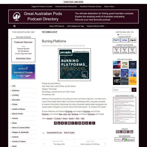 Burning Platforms 
Screenshot of the podcast listing on the Great Australian Pods website