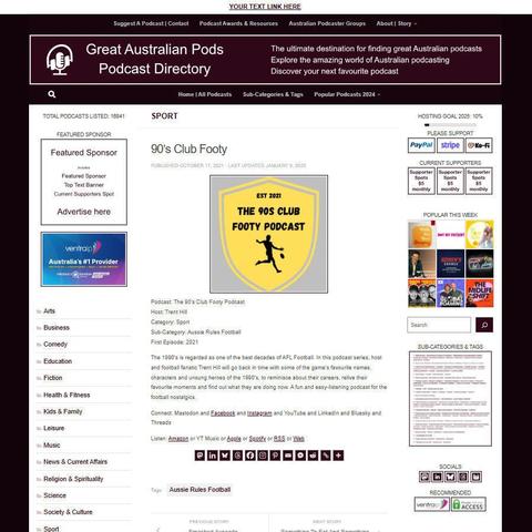 The 90's Club Footy Podcast
Screenshot of the podcast listing on the Great Australian Pods website