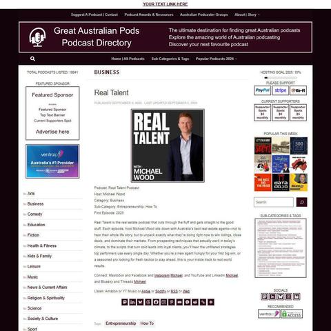 Real Talent Podcast
Screenshot of the podcast listing on the Great Australian Pods website