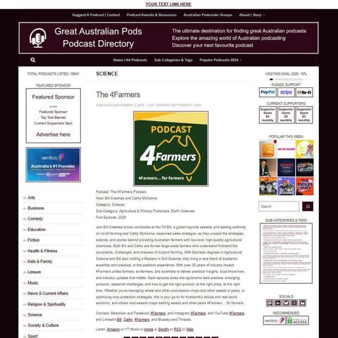 The 4Farmers Podcast
Screenshot of the podcast listing on the Great Australian Pods website