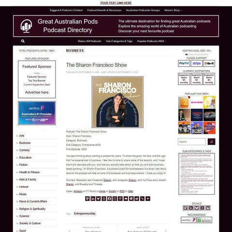 The Sharon Francisco Show
Screenshot of the podcast listing on the Great Australian Pods website