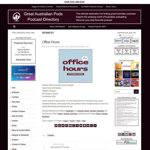 Office Hours With Sohan & Hameda
Screenshot of the podcast listing on the Great Australian Pods website