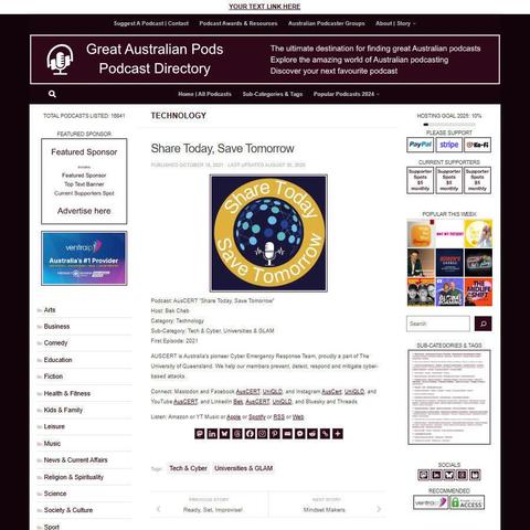 AusCERT "Share Today, Save Tomorrow" 
Screenshot of the podcast listing on the Great Australian Pods website