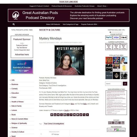 Mystery Mondays
Screenshot of the podcast listing on the Great Australian Pods website