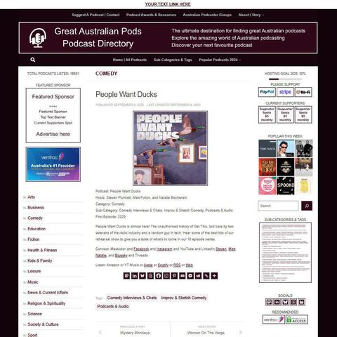 People Want Ducks
Screenshot of the podcast listing on the Great Australian Pods website