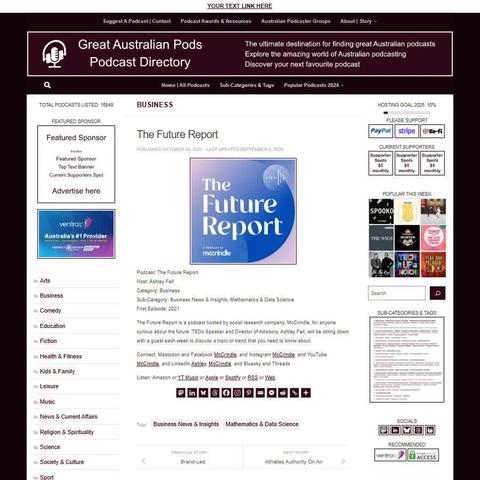 The Future Report
Screenshot of the podcast listing on the Great Australian Pods website