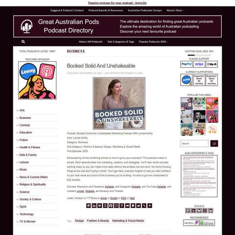 Booked Solid And Unshakeable Marketing Podcast With Lyndal Ashby
Screenshot of the podcast listing on the Great Australian Pods website