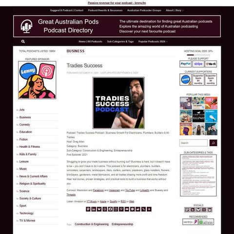 Tradies Success Podcast | Business Growth For Electricians, Plumbers, Builders & All Tradies
Screenshot of the podcast listing on the Great Australian Pods website