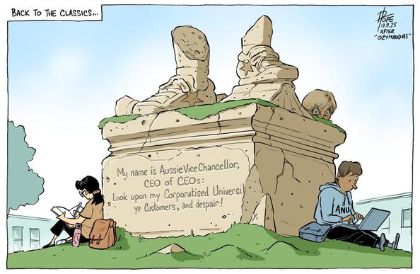 cartoon depicting the professional demise of Genevieve Bell as ANU Vice-Chancellor