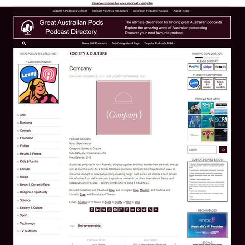 Company
Screenshot of the podcast listing on the Great Australian Pods website