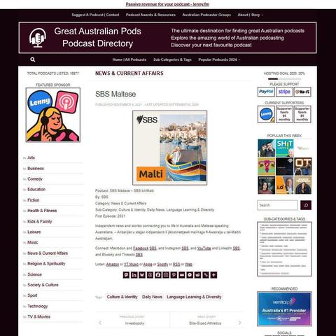 SBS Maltese - SBS bil-Malti
Screenshot of the podcast listing on the Great Australian Pods website