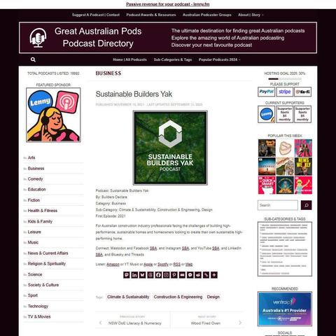 Sustainable Builders Yak
Screenshot of the podcast listing on the Great Australian Pods website