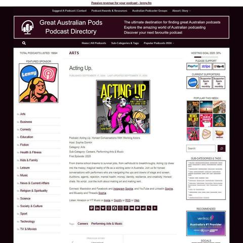 Acting Up. Honest Conversations With Working Actors.
Screenshot of the podcast listing on the Great Australian Pods website