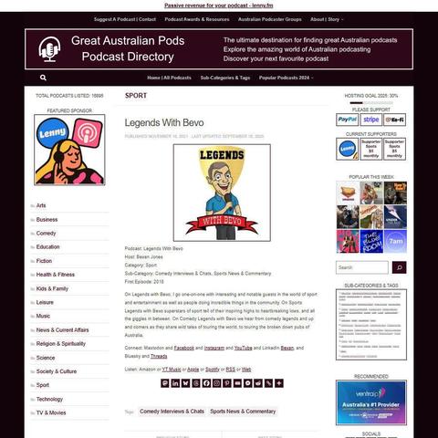 Legends With Bevo
Screenshot of the podcast listing on the Great Australian Pods website