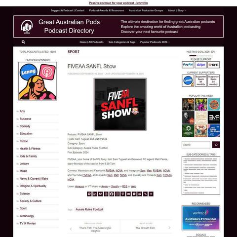 FIVEAA SANFL Show
Screenshot of the podcast listing on the Great Australian Pods website