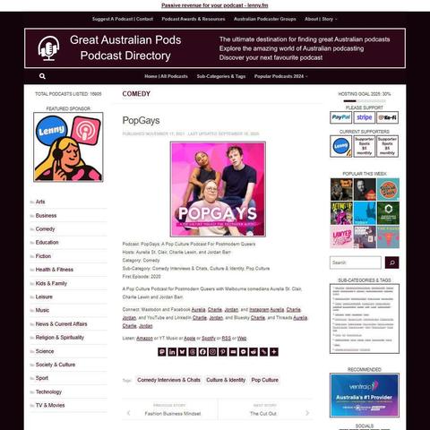 PopGays: A Pop Culture Podcast For Postmodern Queers 
Screenshot of the podcast listing on the Great Australian Pods website
