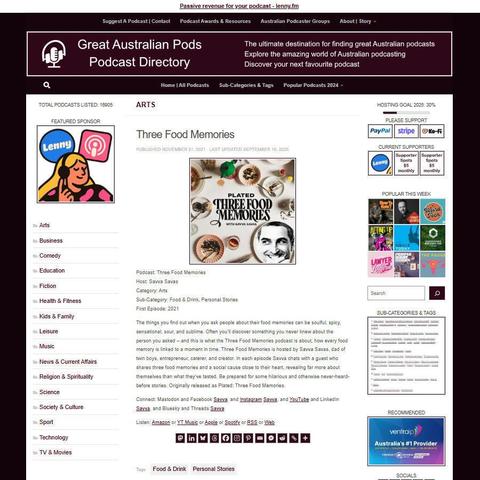 Three Food Memories
Screenshot of the podcast listing on the Great Australian Pods website