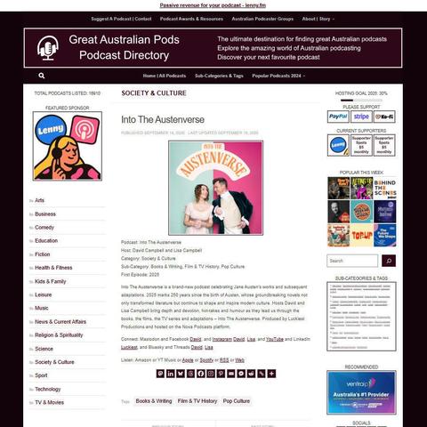 Into The Austenverse
Screenshot of the podcast listing on the Great Australian Pods website