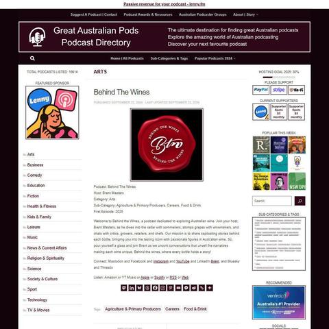 Behind The Wines
Screenshot of the podcast listing on the Great Australian Pods website