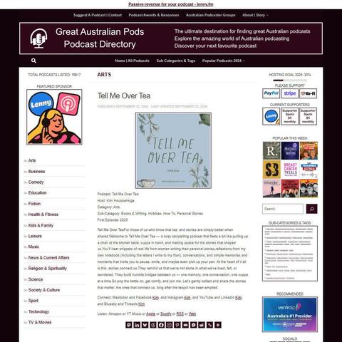Tell Me Over Tea
Screenshot of the podcast listing on the Great Australian Pods website