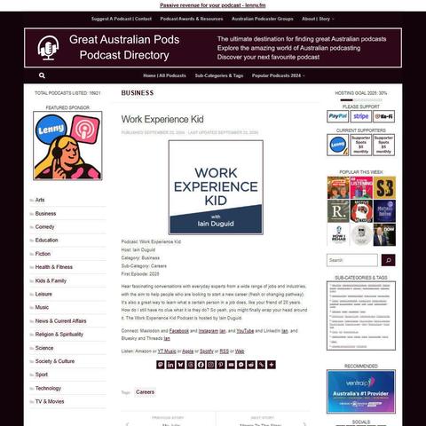 Work Experience Kid
Screenshot of the podcast listing on the Great Australian Pods website