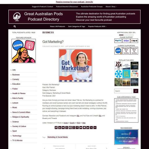 Got Marketing?
Screenshot of the podcast listing on the Great Australian Pods website