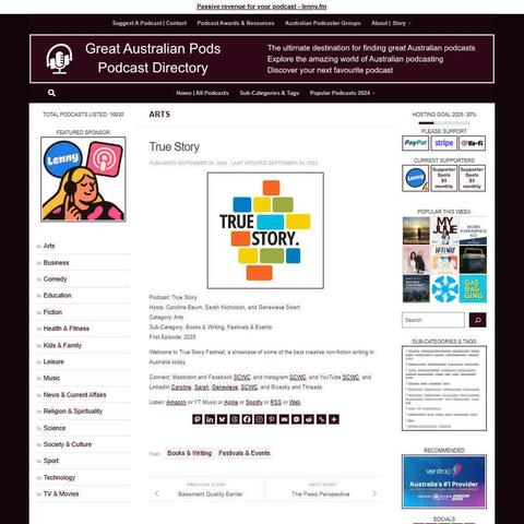True Story
Screenshot of the podcast listing on the Great Australian Pods website