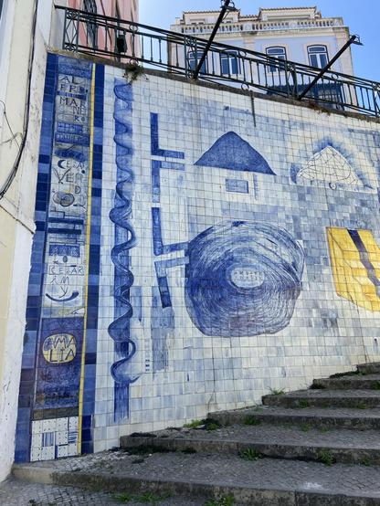 A tiled wall next to a staircase. The painting is abstract and detailed.