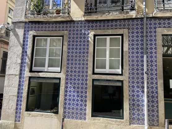 The facade of a building covered in intricate blue and white tiles